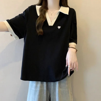 Plus Size Slimming Embroidered Polo Shirt plus Size American Style Base Layer T-Shirt College Fashion Anti-Aging Big MM Cotto....