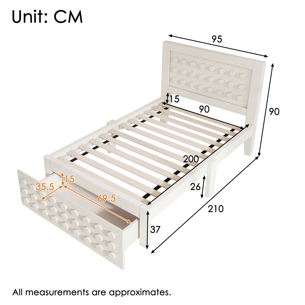 Jugendbett mit kreativem Blockdesign, Gestell aus Massivholz mit Gitterrost, mit Stauraum unter dem Bett, ohne Matratze