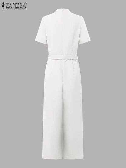 ZANZEA Street Fashion High Waist Jumpsuits Women Workwear Belt Rompers Solid Deep V Neck Elegant Office Lady Long Overalls.