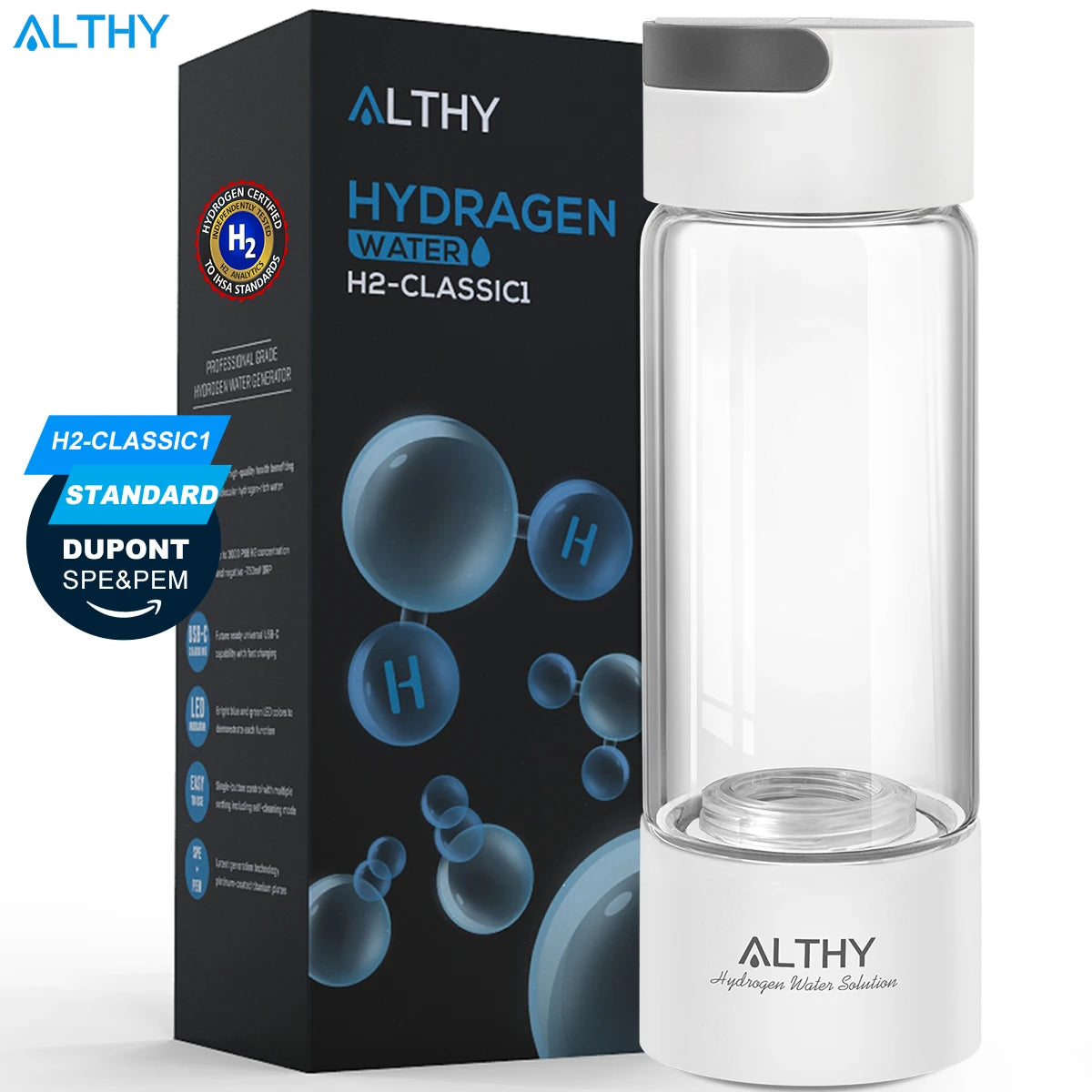 ALTHY Hydrogen Rich Water Generator Bottle - Glass Cupbody - DuPont SPE & PEM Dual Chamber Maker Ionizer - H2 Inhalation Device.