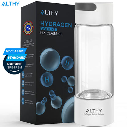 ALTHY Hydrogen Rich Water Generator Bottle - Glass Cupbody - DuPont SPE & PEM Dual Chamber Maker Ionizer - H2 Inhalation Device.