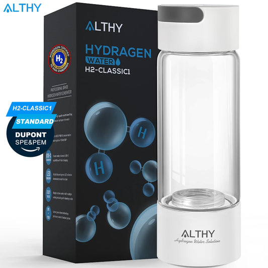 ALTHY Hydrogen Rich Water Generator Bottle - Glass Cupbody - DuPont SPE & PEM Dual Chamber Maker Ionizer - H2 Inhalation Device.