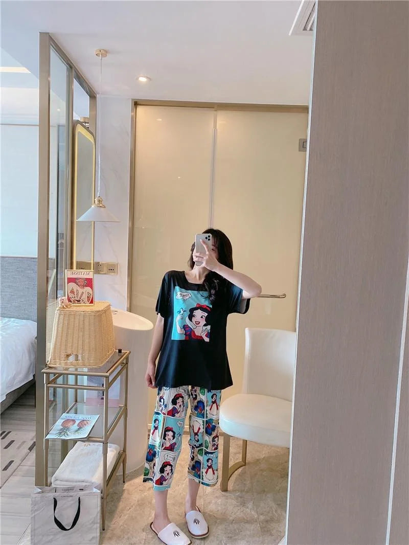 Sommer Pooh Bär Nachtwäsche frauen Lose Bequeme Cartoon Print Hause Kleidung Set Kurzarm Nachthemd Mickey Pyjama Set.