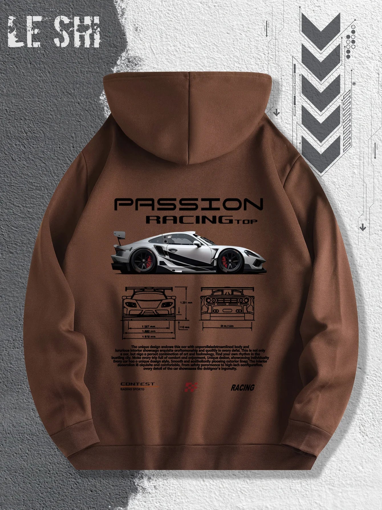 2025 Men's Autumn and Winter Car Print Hooded and Fleece Versatile Sporty Casual Loose Street Style Autumn and Winter Pullover.