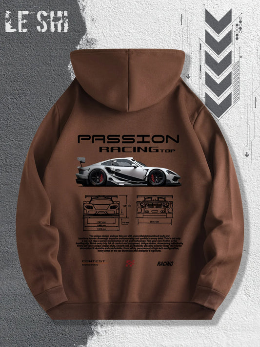 2025 Men's Autumn and Winter Car Print Hooded and Fleece Versatile Sporty Casual Loose Street Style Autumn and Winter Pullover.