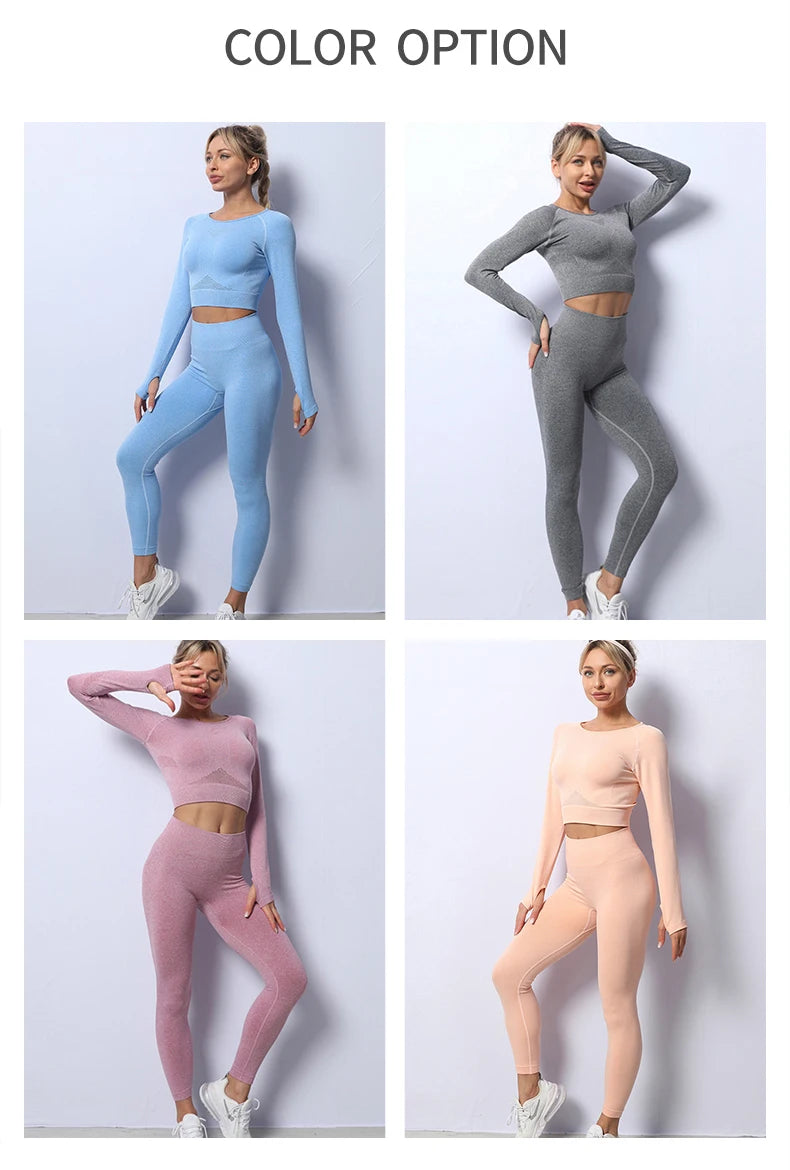 Women Yoga 2 Pieces Workout Outfits Seamless High Waist Leggings Sports Crop Top Running Clothes Sets.