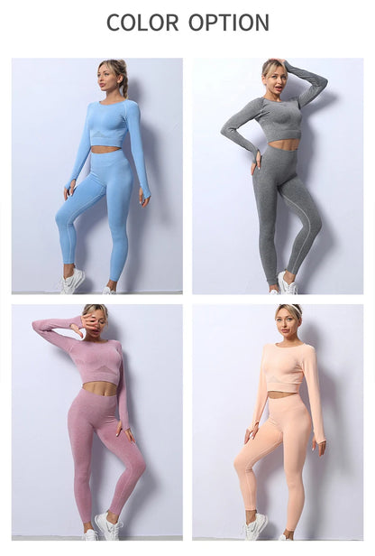 Women Yoga 2 Pieces Workout Outfits Seamless High Waist Leggings Sports Crop Top Running Clothes Sets.