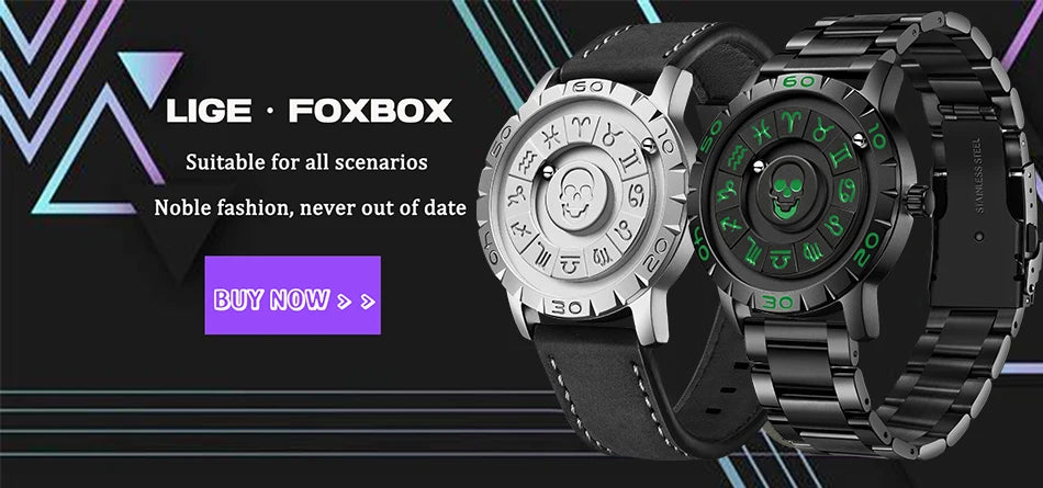 LIGE FOXBOX Unique Design Quartz Man Watch Simple Fashion Leather Belt Casual Sports Magnetic Srolling Beads Skull Men's Watches.