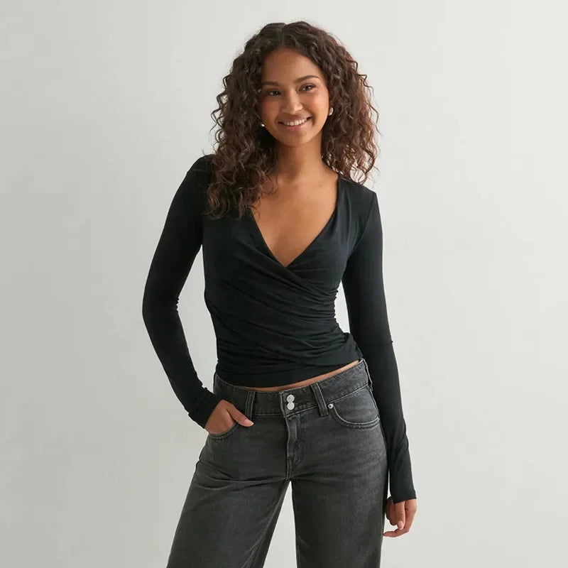 Pure Color V-neck Long Sleeve T-shirt Waist-cinching Sexy Top for Women Cross-border Autumn New Style Y25TP348 Polyester Fiber.