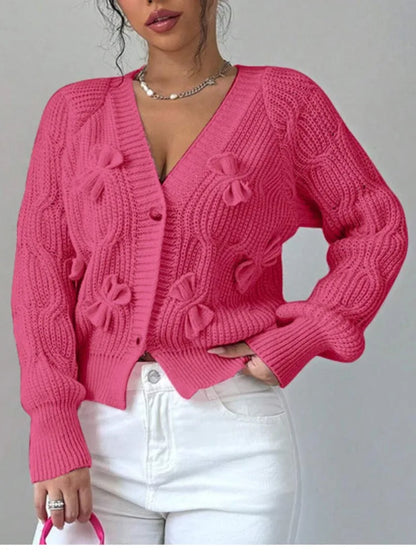2025 Autumn And Winter Solid Color Long-sleeved Bow Knit Cardigan Jacket New Women's Elegant V-neck Button Versatile Sweater Top