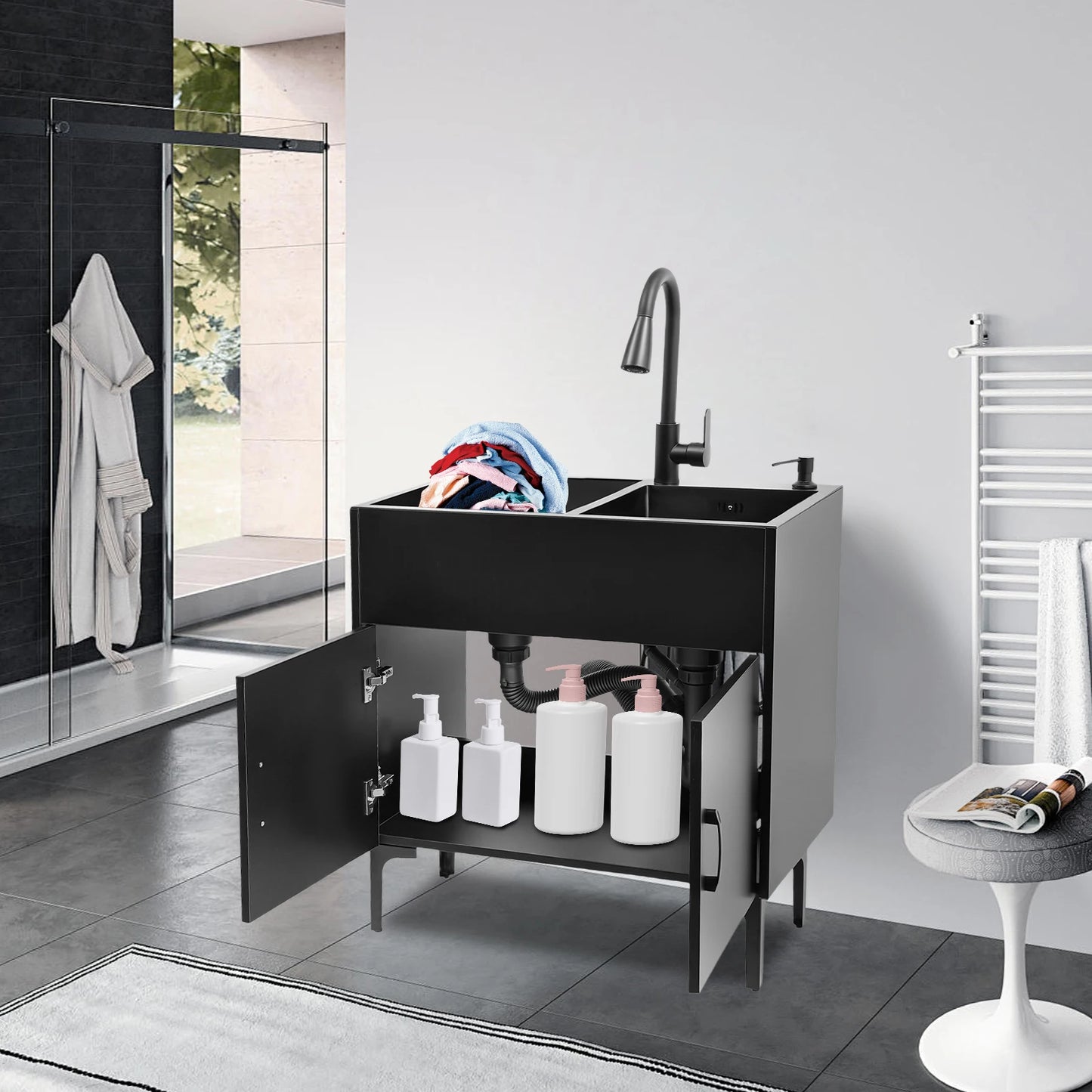 Wäschewaschbecken aus Edelstahl 201, Wäschewaschbecken mit ausziehbarem Wasserhahn, Waschbecken mit Schrank für Küchen, Restaurants, Dessertgeschäfte