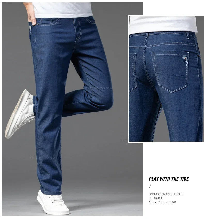 Summer Ultra Thin Men's Loose Jeans Lyocell Ice Silk Fashion Casual Business Denim Pants Straight Stretch Male Trousers.