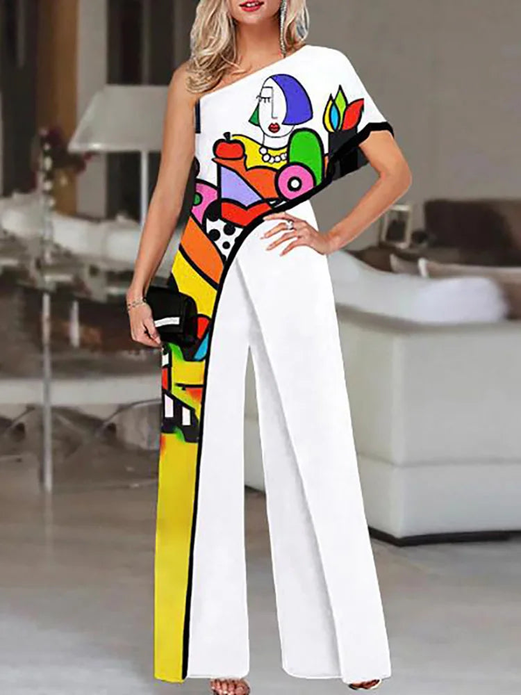 Colorful Ladies Face Print Slim Jumpsuits Summer Off Shoulder Diagonal Collar Sexy Rompers Women Loose Straight Wide Leg Pants.