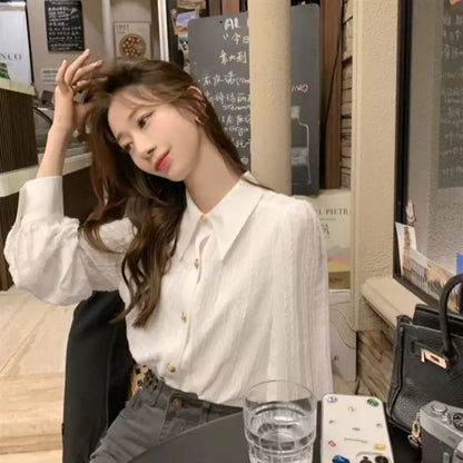 Women Clothing Spring Autumn Simplicity Office Lady Button White Polo Collar Women Shirts All-match Elegant Long Sleeve Cardigan.