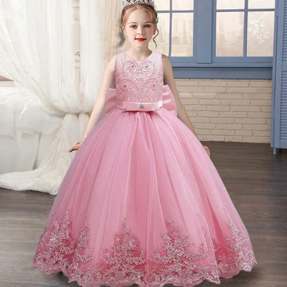 Gesticktes Mesh-Hochzeitskleid, Blumenmädchen-Performance-Mädchenkleid, 4–12 Jahre altes Mädchen-Prinzessinnenkleid mit großer Schleife