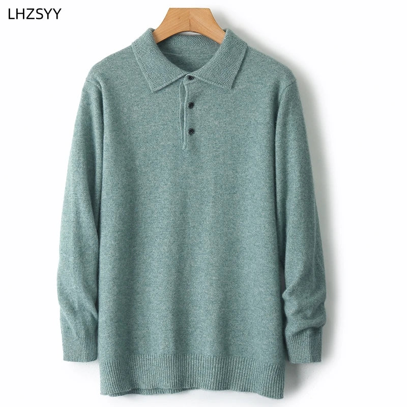 LHZSYY 100%Merino Wool Hot Cardigans Men Lapel Pullover Long Sleeve POLO Neck Sweaters Loose Tops Knit Clothing Large Size Shirt.