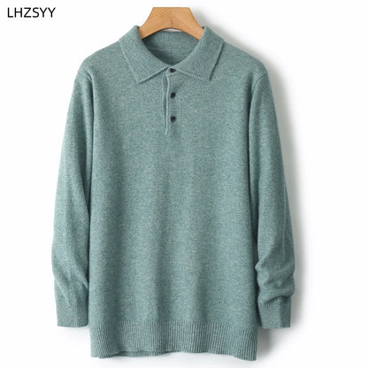 LHZSYY 100%Merino Wool Hot Cardigans Men Lapel Pullover Long Sleeve POLO Neck Sweaters Loose Tops Knit Clothing Large Size Shirt.