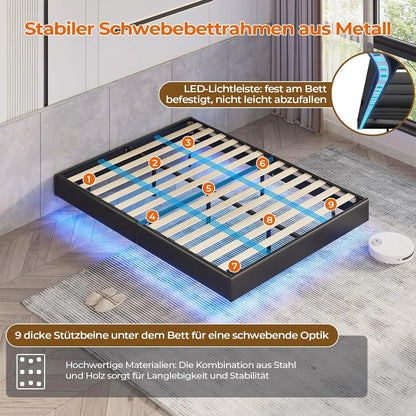 Bett 140x200 mit verstellbarer Beleuchtung, Bettgestell 140x200 mit weicher Polsterung, schwebender Bettrahmen, gepolsterte Jugendbe