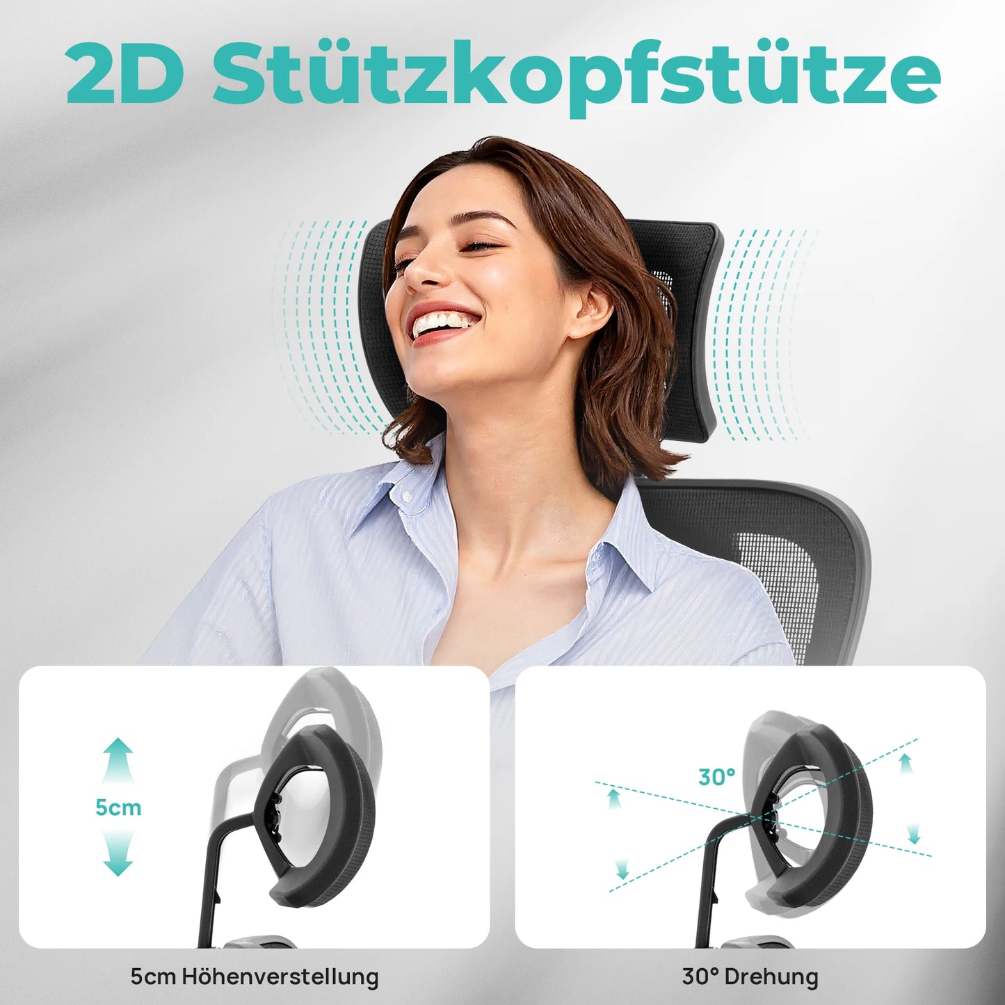 WOTSTA Ergonomischer Bürostuhl mit atmungsaktiver Rückenlehne und verstellbaren Kopfstützen-Armlehnen, gepolstertem Sitz, ideal für Arbeit und Studium