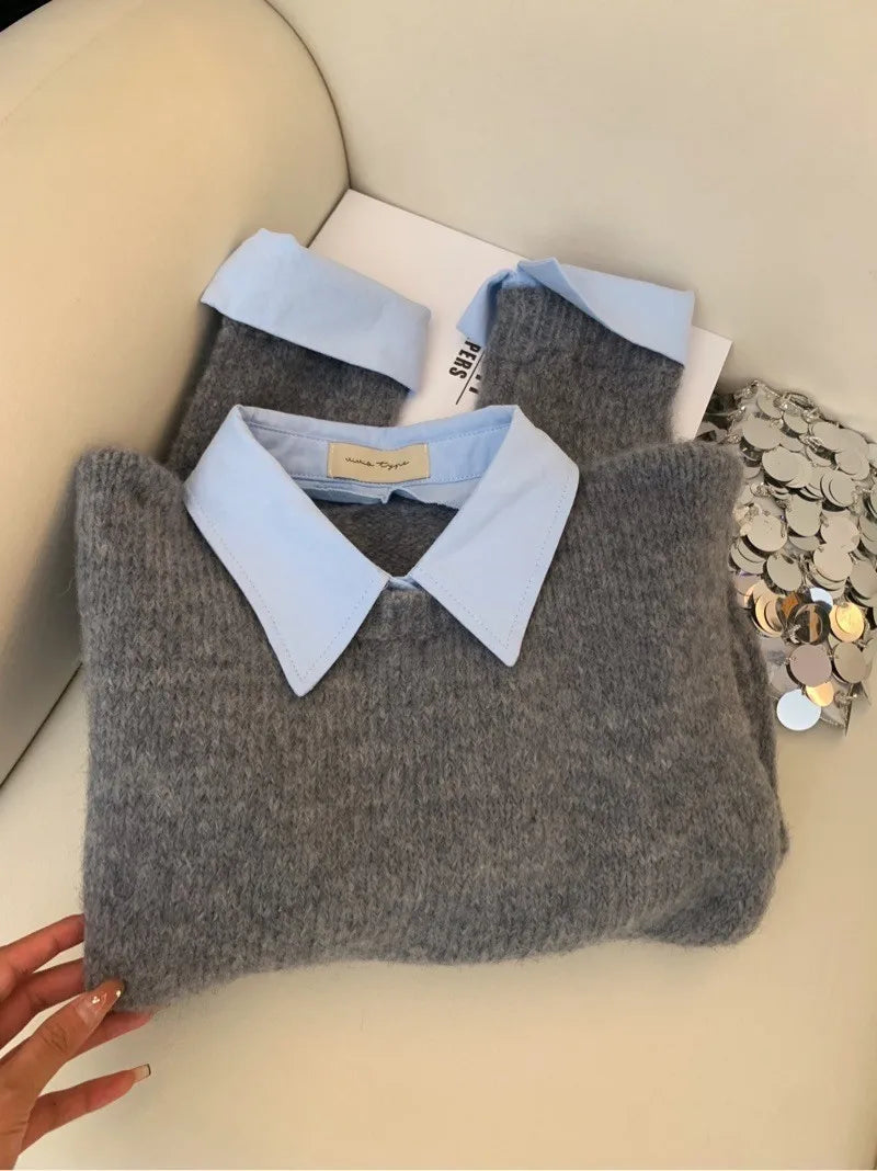 Gefälschte Zwei Shirts Kragen Pullover frauen Herbst Outfit Neue Lazy Linterior Kontrast Farbe Grau Stricken Pullover Top Mit Flip kragen