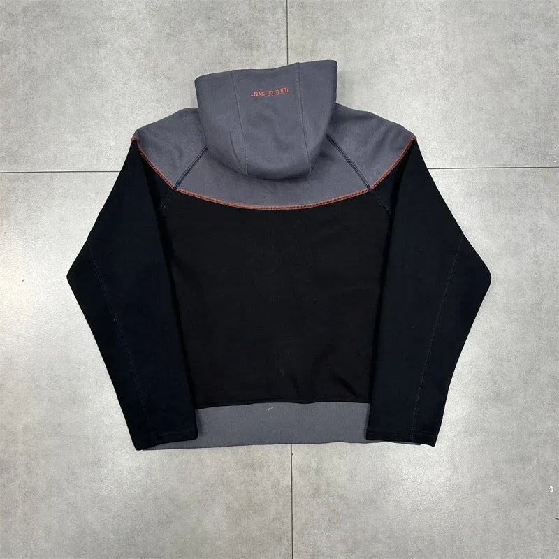 Casual Embroidered Fleece Lined Open Cardigan Hooded Zipper Pants Set for Men And Women Color Block Design by Syna.