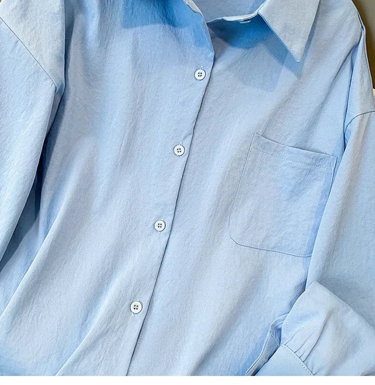 Plus Size Women's Blouses 2025 Spring Autumn Simple Lady Shirts Long Sleeve Big Pockets Shirt Loose Casual Tops