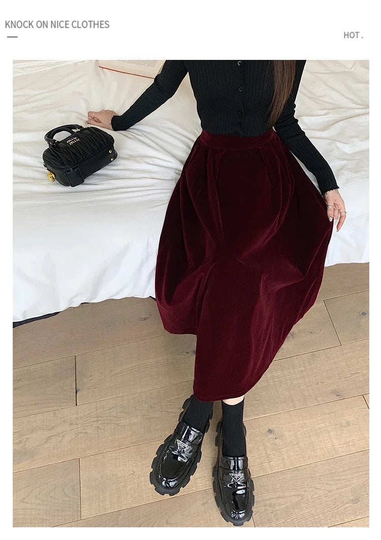 Autumn Winter Warm Vintage Red Elegant Velvet A-line Skirt For Women 2024 High Waist Casual Black Party Pleated Big Swing Skirts.