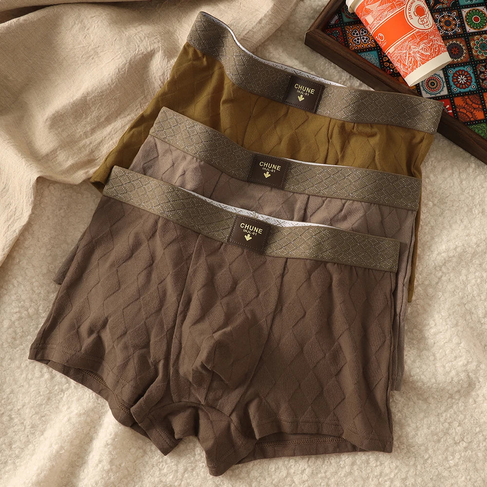 3 Teile/paket 100% Baumwolle Solide Raute Unterwäsche Atmungsaktive Antibakterielle Mesh Schritt Boxer Mann Hohe Elastische Wiast Männer der Höschen