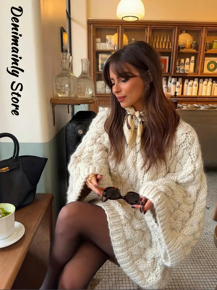 Casual Twists Stricken Oversize-Pullover Frauen Oansatz Lange Flare Hülse Lose Solide Pullover 2025, Herbst Winter Vintage Pullover