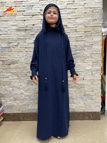 Kids Cotton Islamic Dress Full Cover Robe for Muslim Girls with Two-Hat Turkey Diamond Abaya New Eid Ramadan Prayer Garment.