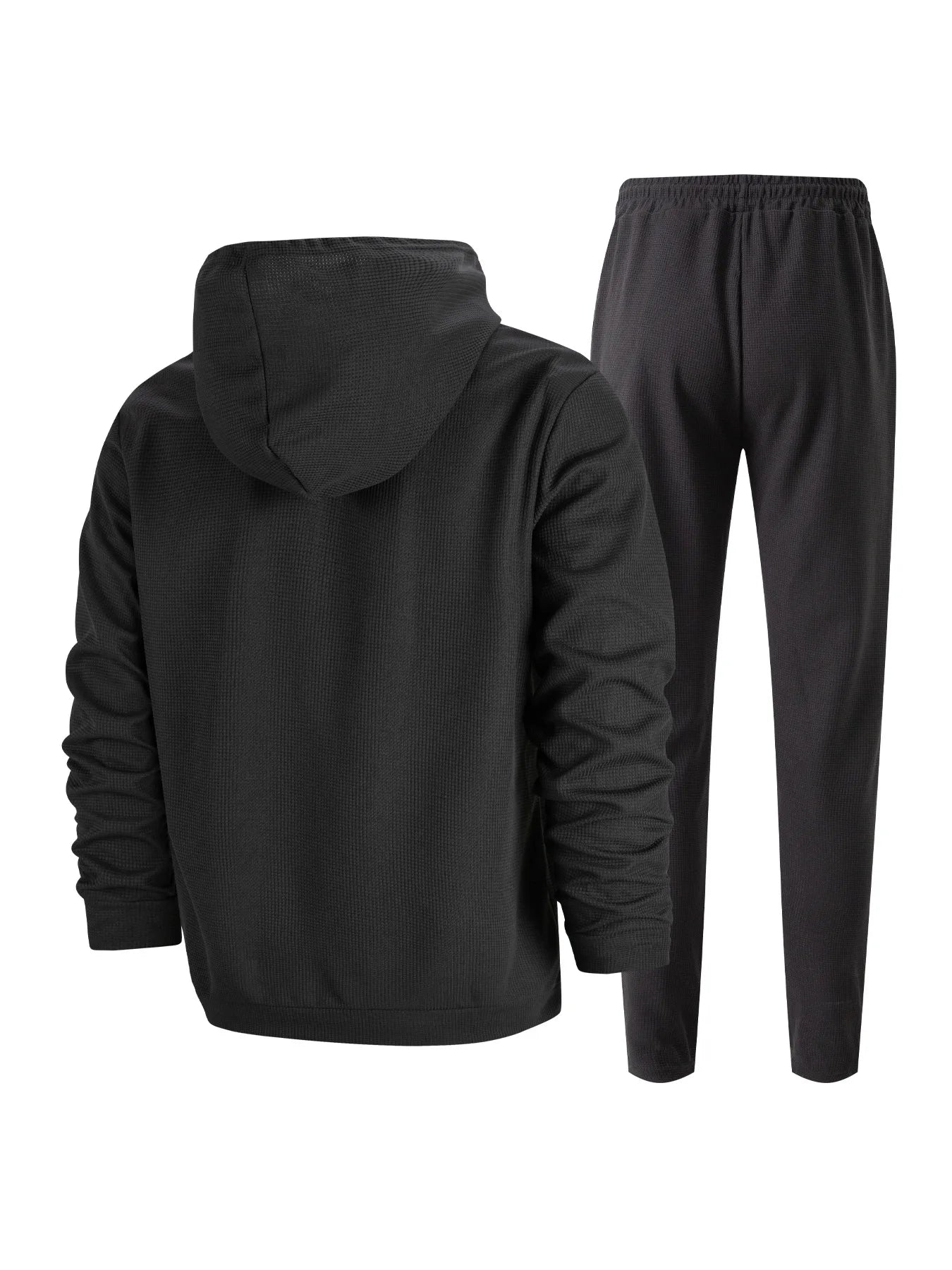 Men's Autumn Waffle Solid Color Hooded Half-Zipper Drawstring Long-Sleeved Sweatshirt And Long Pants Set Casual Comfortable Outf.