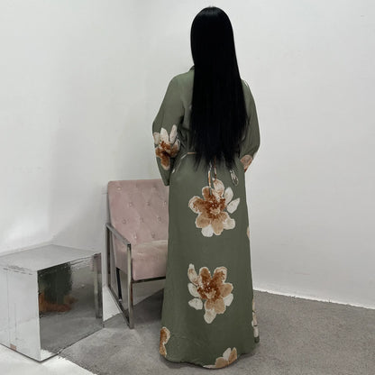 Arabesque Bell Sleeve Flowy Maxi Abaya Dress Elegant Floral Print Muslim Modest Long Dress Islamic Vacation Outfit Summer Robe.