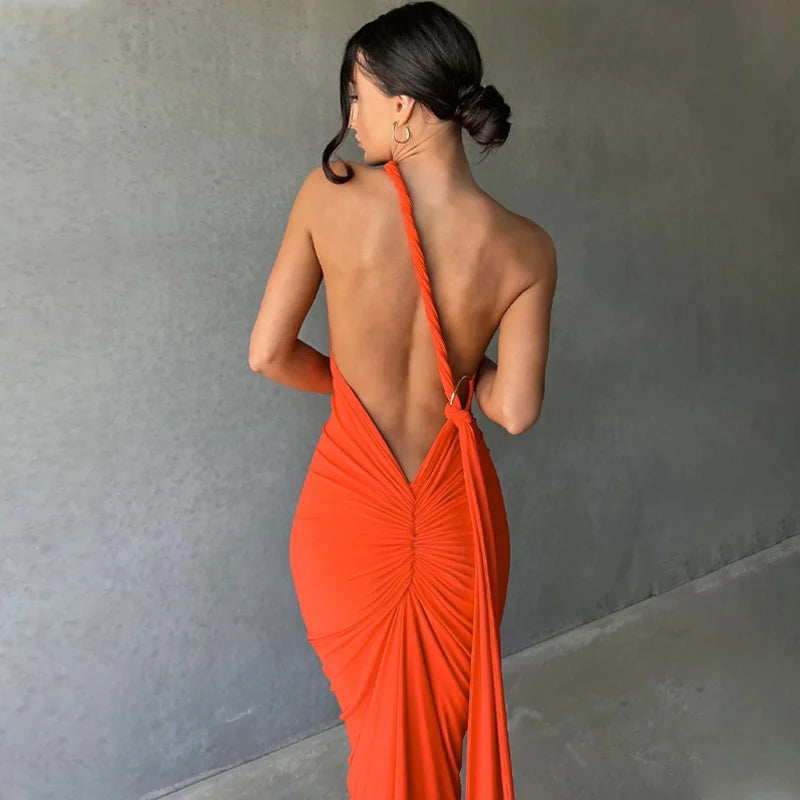 Mozision Schräge Schulter Backless Maxi Kleid Für Frauen Kleid Sommer Zurück Strap Ärmellose Geraffte Party Sexy Langes Kleid Vestidos