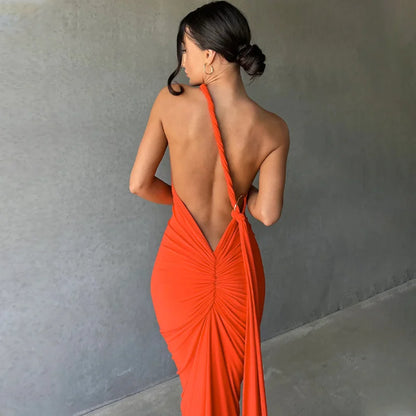 Mozision Schräge Schulter Backless Maxi Kleid Für Frauen Kleid Sommer Zurück Strap Ärmellose Geraffte Party Sexy Langes Kleid Vestidos
