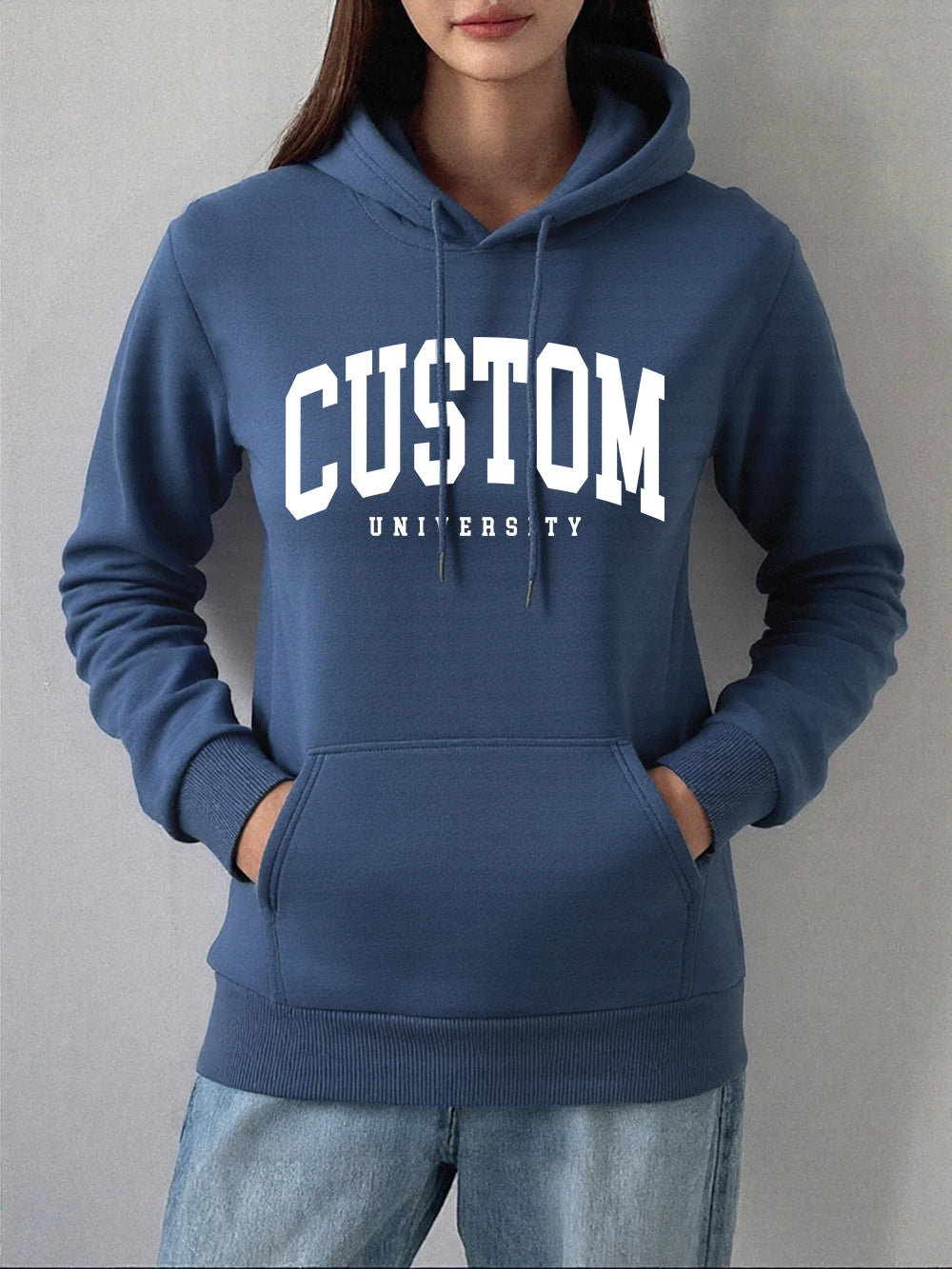 Custom University Printed Hoodies Women Basics Pocket Sweatshirts Autumn Fleece Warm Pullovers Comfortable Casual Womans Clothes