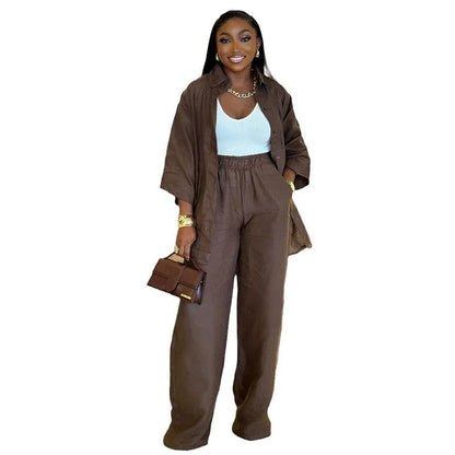 Spring and summer casual shirt long pants two-piece set 2025 new women's fashion lapel loose suit women's daily wear.