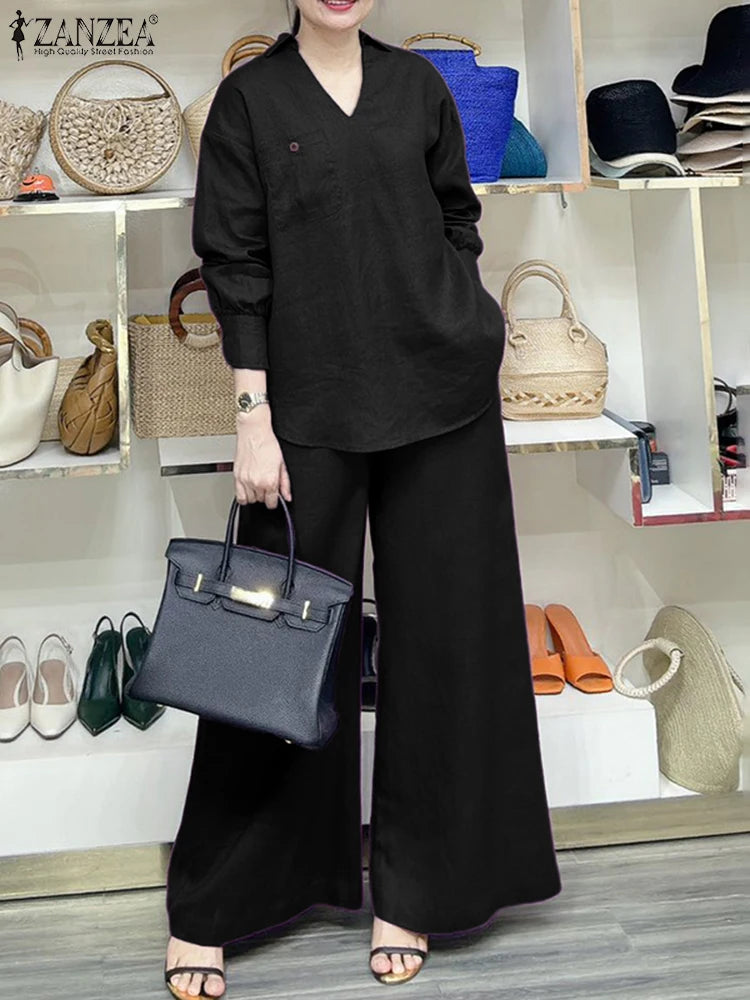 2025 ZANZEA Fashion Lapel Long Sleeve Tops Pant Suit Autumn 2 Piece Sets Women Outfits Office Pant Sets Casual Work OL Tracksuit