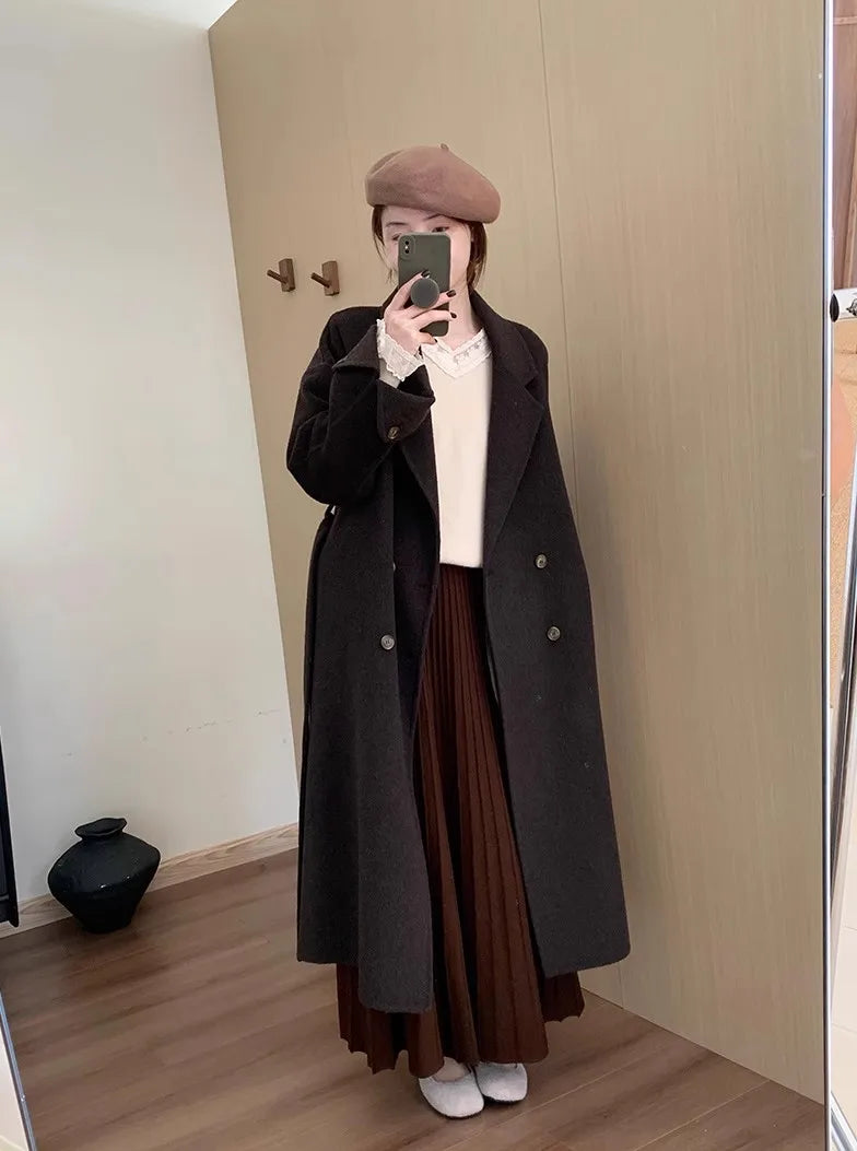 2026 Khaki Cashmere Knitted Midi Skirt for Women, Loose Fit, Draped, Slimming A-Line Pleated Skirt for Autumn and Winter