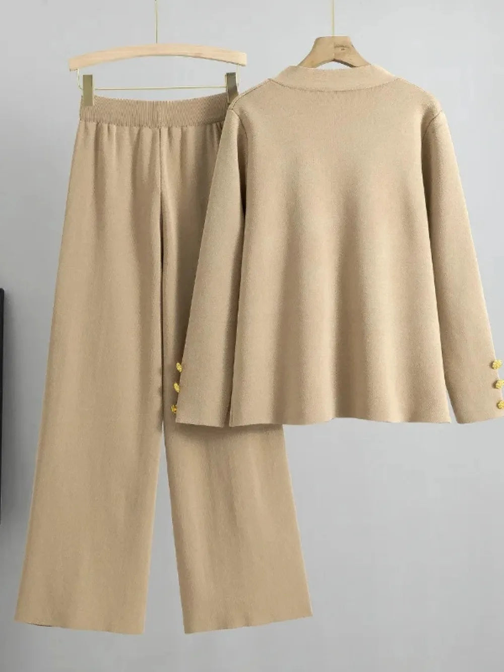 2 Piece Sets Muslim Ensemble Knitting Outfits Women Cardigan Sweater Buttons Pockets Knit Wide Leg Pants Suit Casual Knitwear.