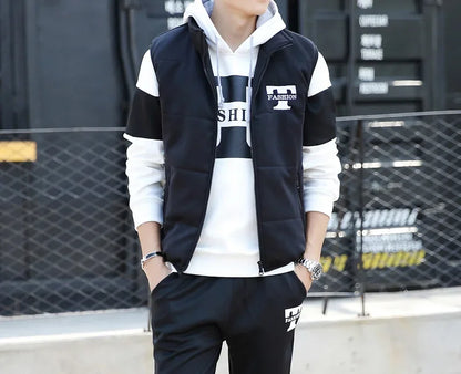 3 Pieces Set Hoodies+Vest+Pants Casual Men's Track Suit Clothing Coats Winter Thick Warm Tracksuit for Men Printed Mens Set Vest.