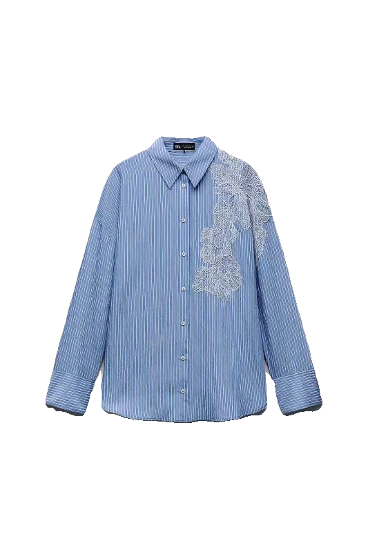 Spring 2024 New Arrival Women's irt Embroidered Flower Decorated Stripe Casual Loose Fit Long Sve Button up Polyester Fiber.
