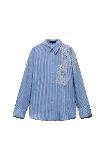 Spring 2024 New Arrival Women's irt Embroidered Flower Decorated Stripe Casual Loose Fit Long Sve Button up Polyester Fiber.