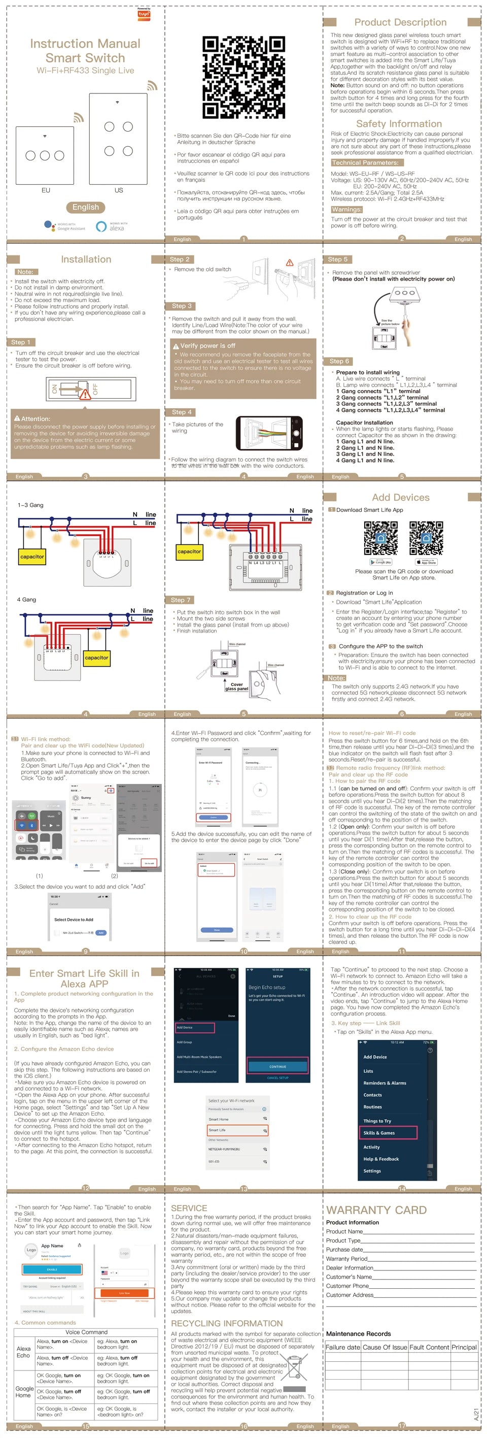 SRAN Smart Switch mit Wandsteckdose 16A EU, Tuya Smart Life Home Touch Sensor WiFi Lichtschalter Weiß.