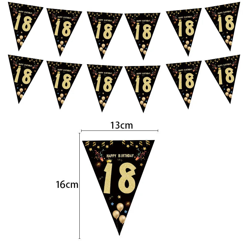 Dekore zum 18. Geburtstag für Jungen und Mädchen, Schwarz-Gold, Party-Banner, Ballon-Tischdecke, Teller, Tasse, Serviette, Partyzubehör zum 18. Geburtstag.