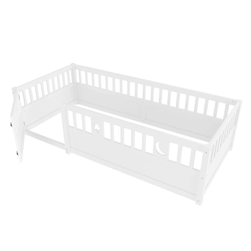 Panelbett 140 x 190 cm großes Kinderbett mit Gitter, Stern- und Monddekoration, ohne Gitter (ohne Matratze), minimalistischer Stil