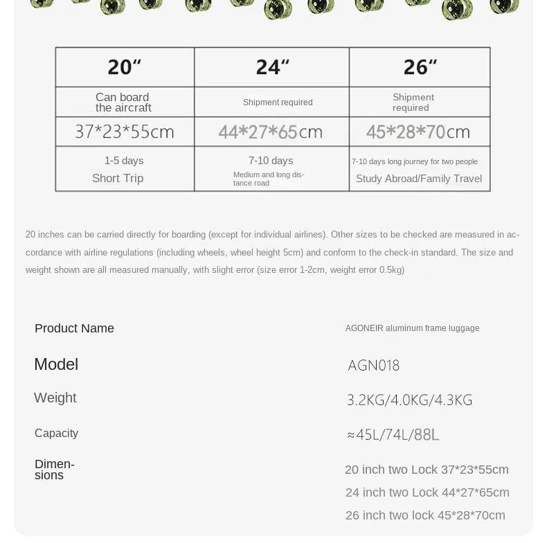 20"24 Zoll Reisekoffer mit breitem Griff, Aluminiumrahmen, Handgepäck, Trolley mit Rollen, Boardingbox, rollende Gepäcktasche.