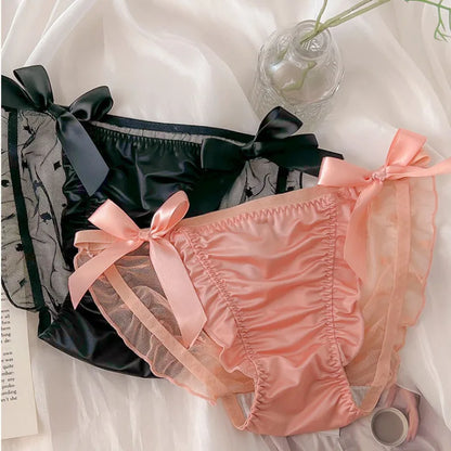 Women Sexy Satin Lace Mesh Transparent Bow Underwear Cute Lovely Sweety Princess Style Soft Panties Ruffles Breathable Breifs.