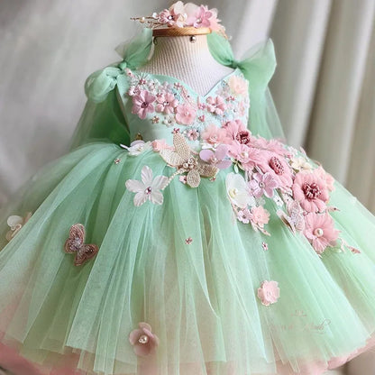 Luxuriöses und elegantes Schmetterlingsmädchen-Prinzessinnenkleid für 0–6 Jahre, formelle Jubiläumsfeier, flauschiges Kleid, Modellkunst, Aufführung