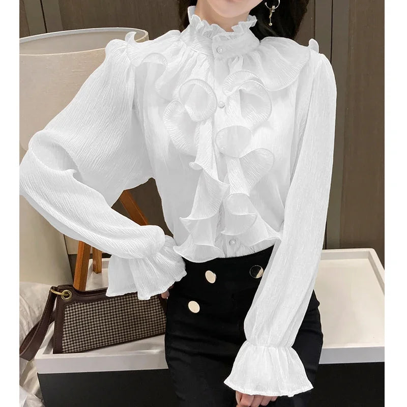 Autumn Vintage Ruffles Clothes Lace Blouse Women Spring Stand Collar White Chiffon Shirt Long Puff Sleeve Loose Tops Elegant