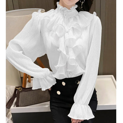 Autumn Vintage Ruffles Clothes Lace Blouse Women Spring Stand Collar White Chiffon Shirt Long Puff Sleeve Loose Tops Elegant